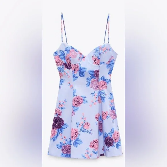 ZARA V-neck Floral Print Mini Dress Size Large - Picture 6 of 14